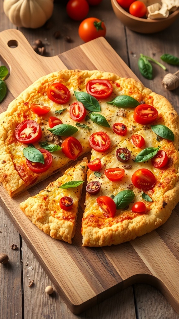 A golden brown cauliflower pizza crust topped with colorful vegetables on a wooden board.
